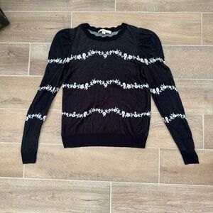 Navy Blue Sweater with White Floral Pattern and Scallop Trim Neckline